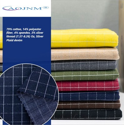 79% cotton, 14% polyester fiber, 4% spandex, 3% silver thread (7.37-8.26) oz, Silver Plaid denim